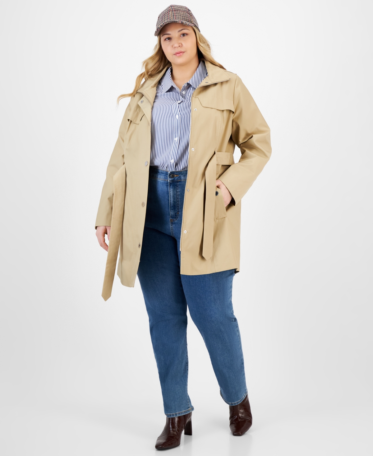 LONDON FOG PLUS SIZE ZIP-FRONT HOODED BELTED TRENCH COAT 