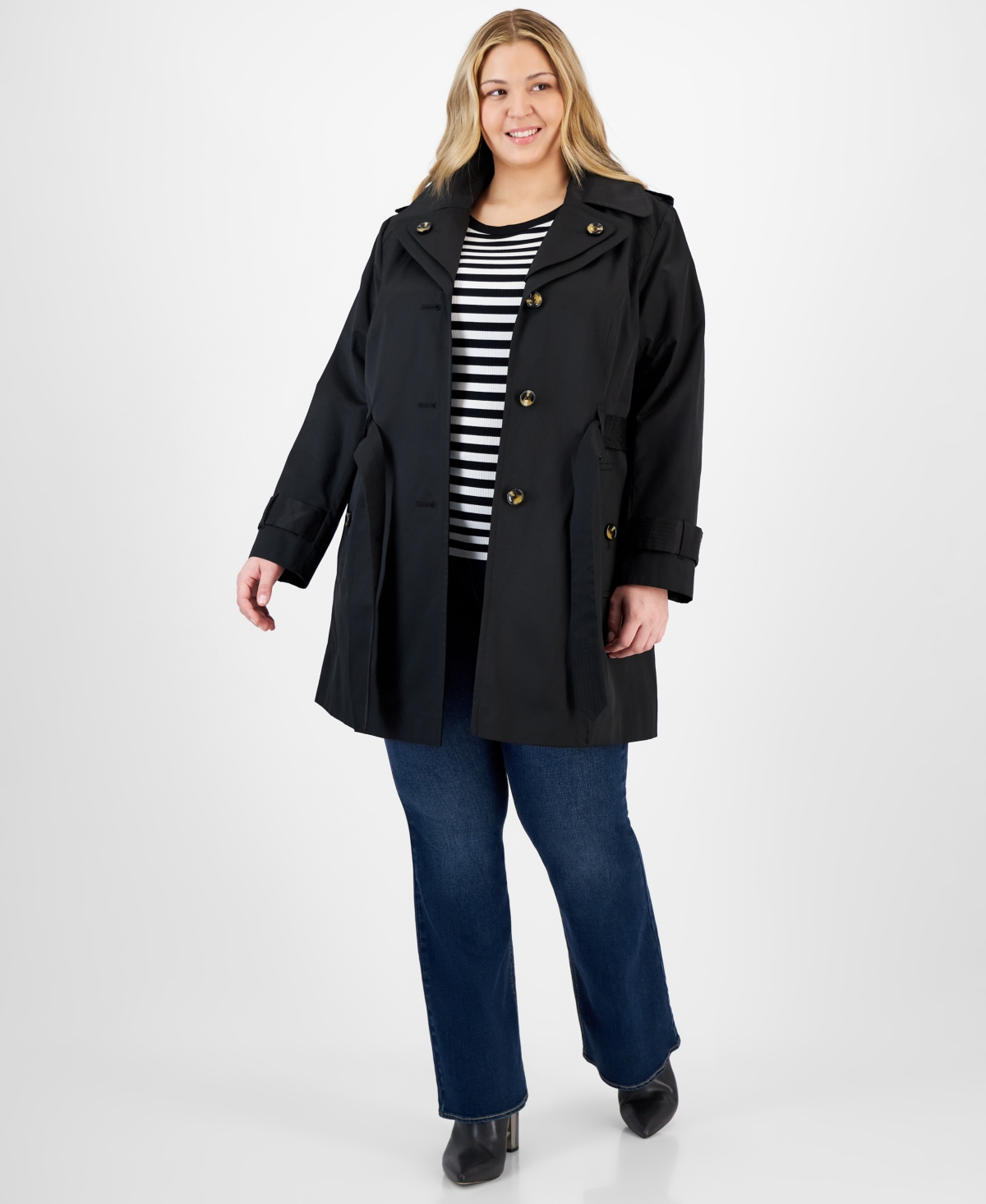 Plus Size Single-Breasted Hooded Belted Trench Coat - Blueberry