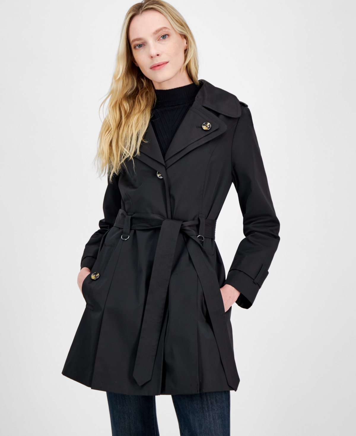 Women's Single-Breasted Hooded Belted Trench Coat - Composite