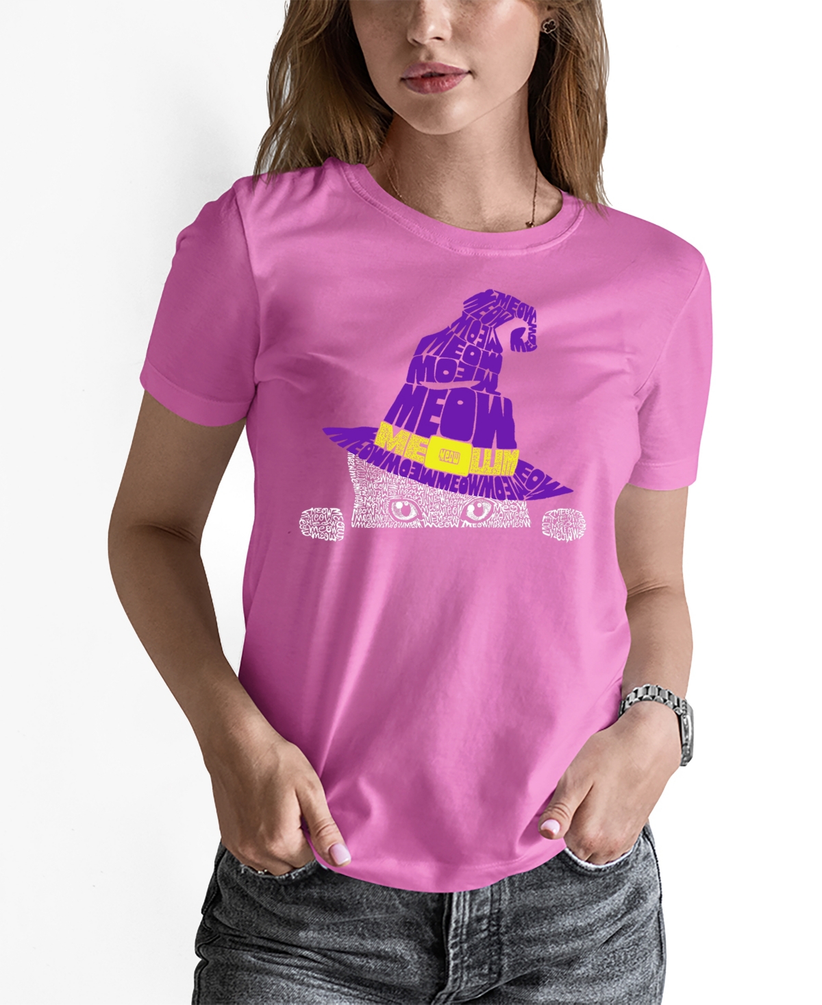 Women's Peeking Witch Cat Word Art Crew Neck T-Shirt - Pink