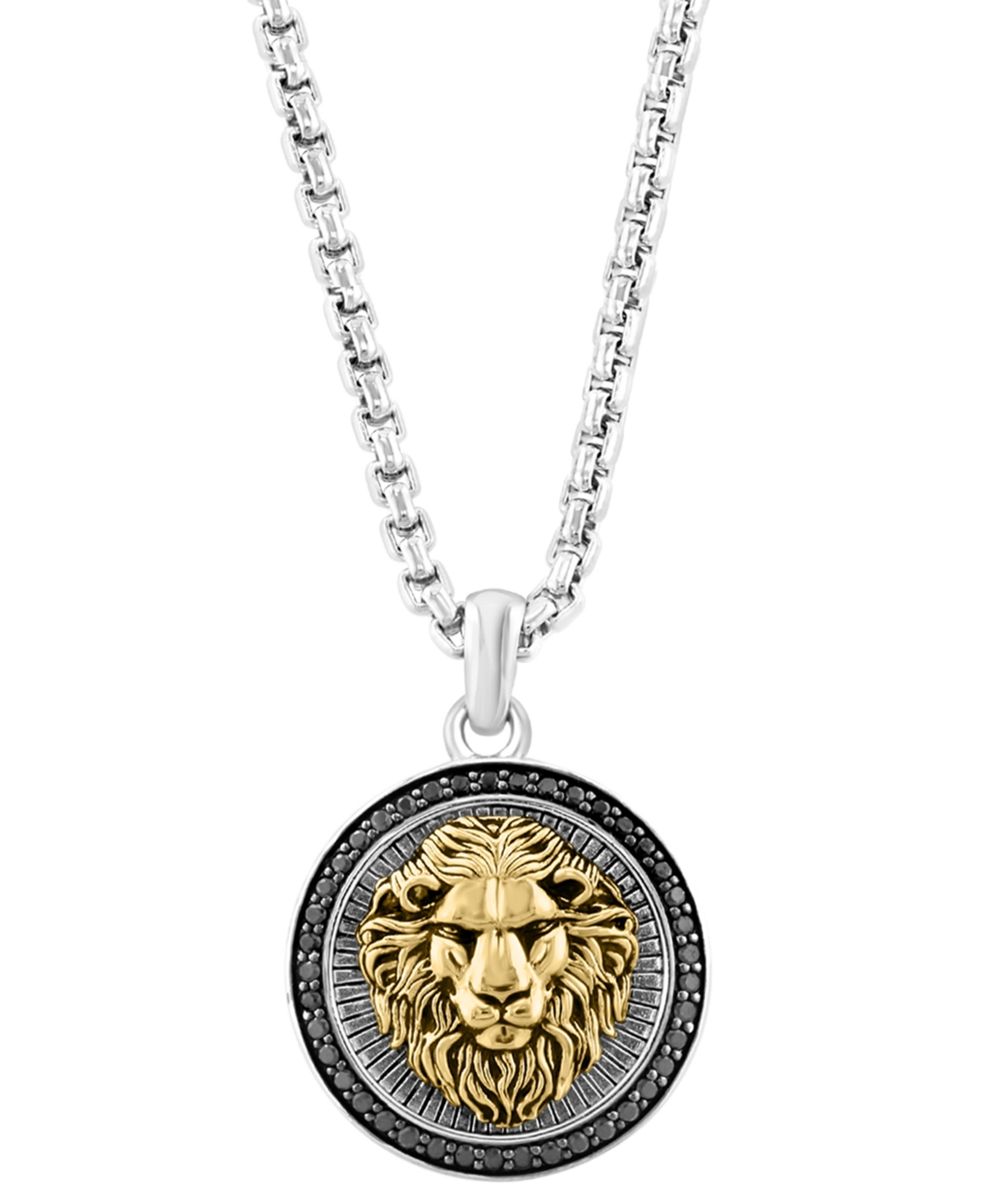 Effy Men's Black Spinel Lion Head 22" Round Disc Pendant Necklace (3/8 ct. t.w) in Sterling Silver, 14k Gold-Plate, & Black Rhodium-Plate - Silver