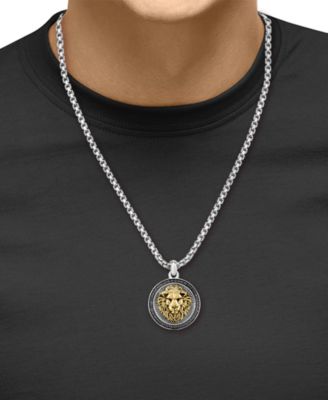 EFFY&reg; Men's Black Spinel Lion Head 22" Round Disc Pendant Necklace (3/8 ct. t.w) in Sterling Silver, 14k Gold-Plate, & Black Rhodium-Plate