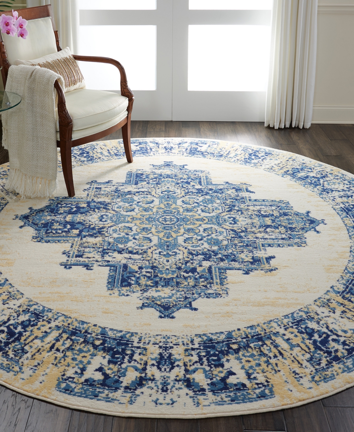 Nourison Home Grafix Grf14 8'x8' Round Area Rug In White,blue