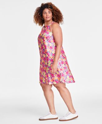 Trendy Plus Floral Satin Round-Neck Mini Dress, Exclusively at Macy's