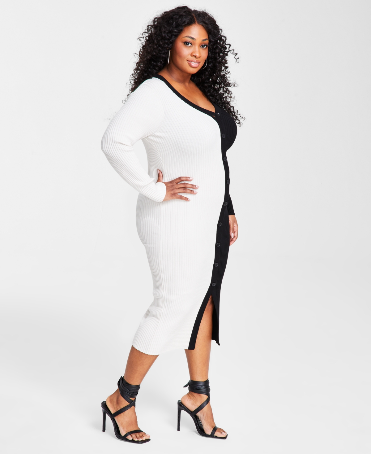 Nina Parker Trendy Plus Size Ribbed Button-Front Dress - Black  White