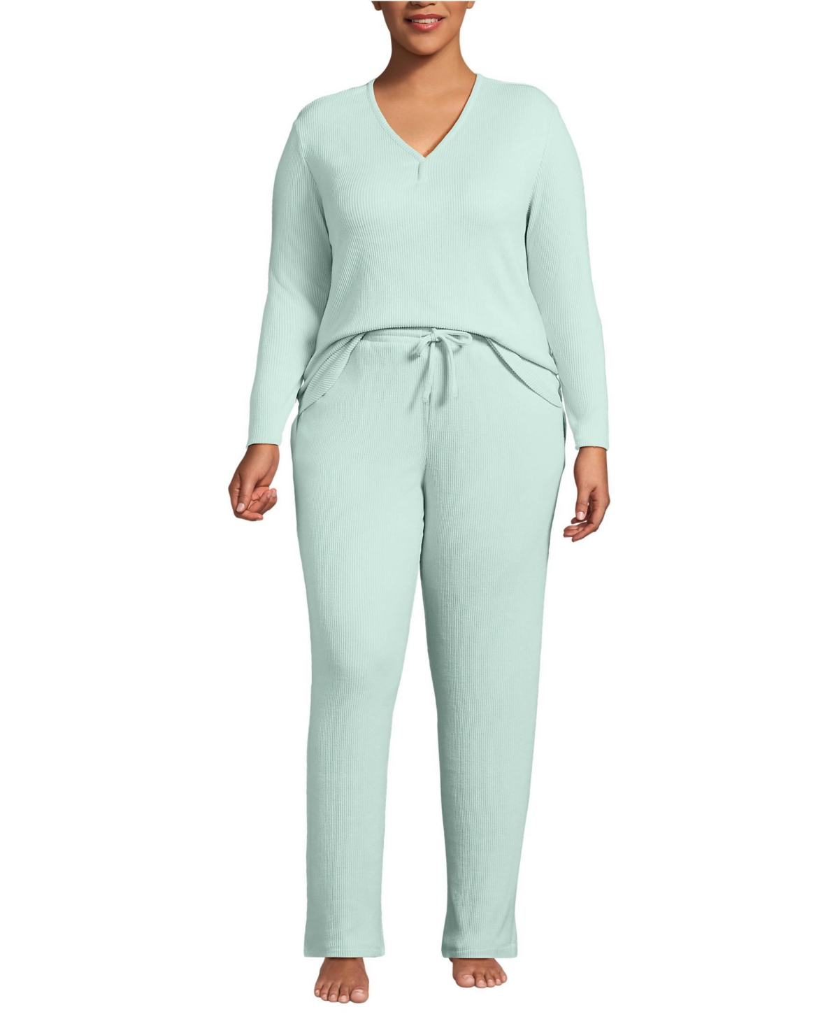 Plus Size Cozy 2 Piece Pajama Set - Long Sleeve Top and Pants - Ivory