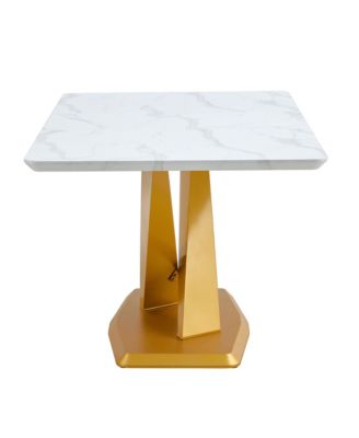 Table and chair set, The table is equipped with a marble patterned MDF tabletop and gold table legs.The chair is equipped with PU synthetic leather high back cushion and gold coated metal legs.