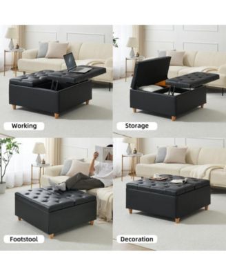 Ottoman Coffee Table with Lift Top,Faux Leather Fabric Tufted Upholstered Ottoman with Storage, Large Square Storage Ottoman Bench for Bedroom, Living Room(Leather, Black)