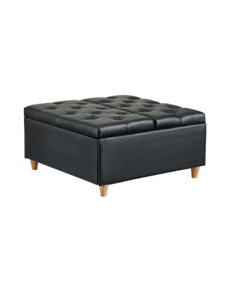 Ottoman Coffee Table with Lift Top,Faux Leather Fabric Tufted Upholstered Ottoman with Storage, Large Square Storage Ottoman Bench for Bedroom, Living Room(Leather, Black)