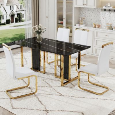 Table and chair set. Modern dining table with MDF top and beautiful MDF legs. Equipped with comfortable PU chairs and metal legs. Suitable for a wide range of decorative styles.