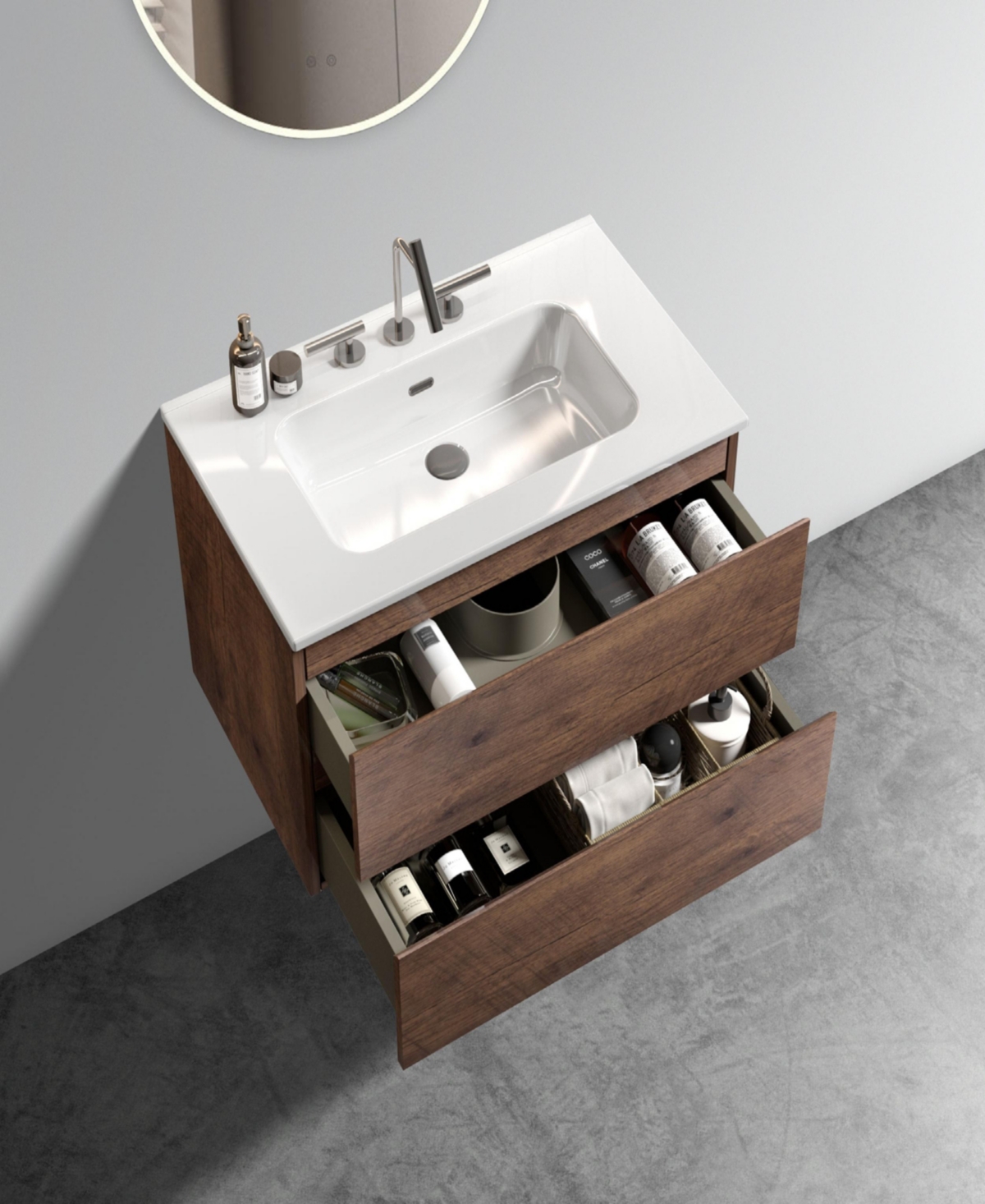 Simplie Fun Wall Mount 30" Walnut Bathroom Vanity with Ceramic Sink with three faucet holes, Large Storage Floating Bathroom Vanity for Modern Bathroo