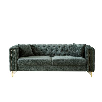 82-Inch Chenille Pull Buckle Design Sofa for Living Room, Buttons Tufted With Copper Nail Decoration Armrest, Modern Couch Upholstered Button And Metal Legs