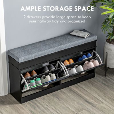 Modern Shoe Rack Bench for Entryway, Storage Organizer with Cushion, 2 Drawers, Adjustable Shelf, Holds 8 Pairs, Black