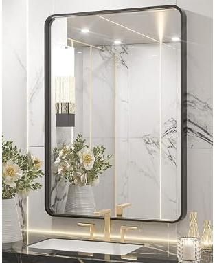 Black Metal Framed Bathroom Mirror for Wall, 24X32 Inch Rounded Rectangle Mirror, Matte Black Bathroom Vanity Mirror, Environmentally Friendly Resin Mirror, Anti-Rust, Hangs Horizontally or Vertically