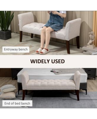 End of Bed Bench with Button Tufted Design, Upholstered Bedroom Entryway Bench with Arms and Solid Wood Legs for Bedroom, Beige