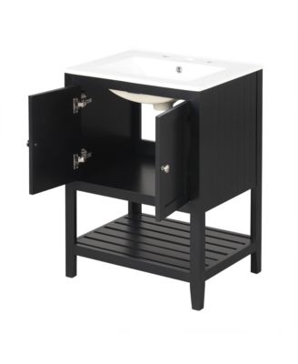 24" Black Modern Sleek Bathroom Vanity Elegant Ceramic Sink with Solid Wood Frame Open Style Shelf