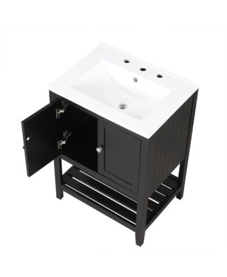24" Black Modern Sleek Bathroom Vanity Elegant Ceramic Sink with Solid Wood Frame Open Style Shelf
