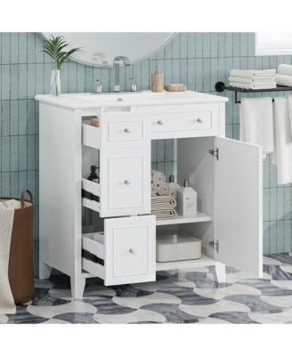 30-Inch Bathroom Vanity Cabinet with Ceramic Basin, Double-Layer Drawer, Deep Drawer and Adjustable Shelf