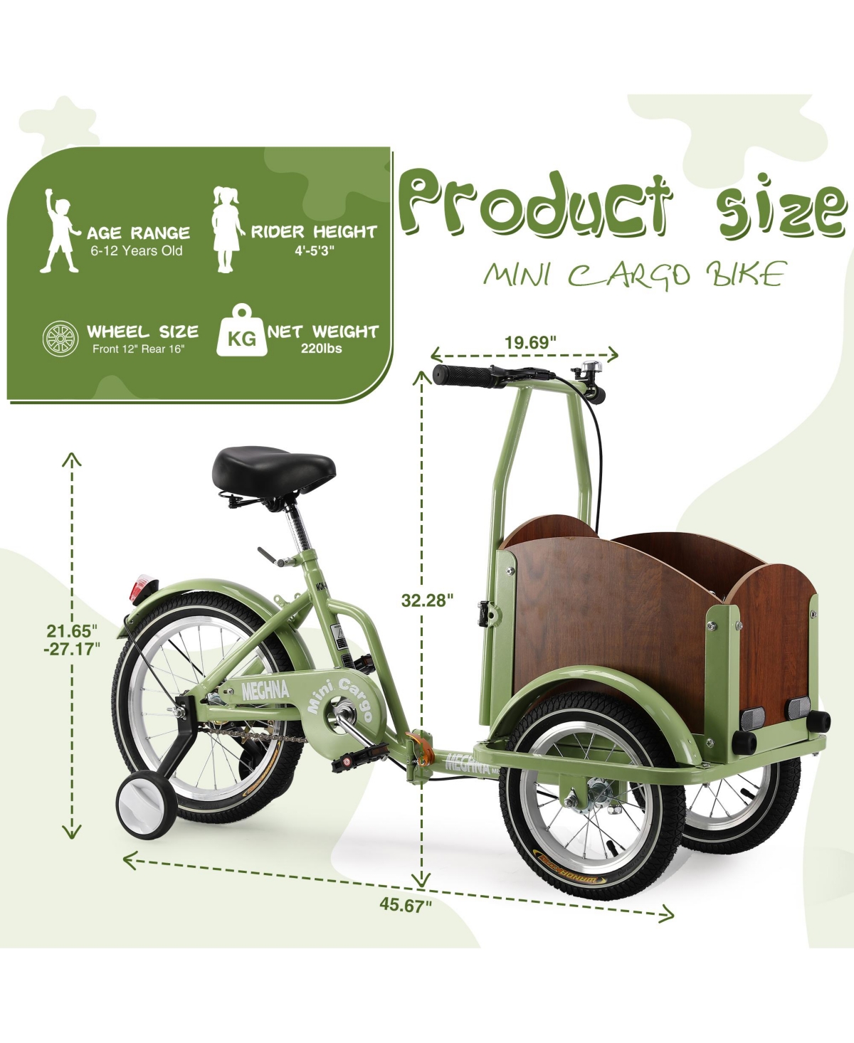 Streamdale Furniture Foldable Tricycle for Kids Ages 6-12,Mini Cargo Bike, Pet Bike, Reverse Tricycle, Outdoor Parent-Child Bike for travel, With Carg