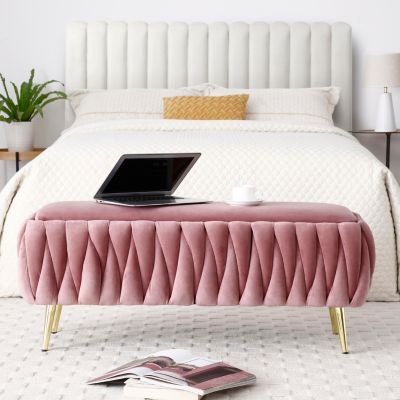 Oval Storage Bench with Gold Legs, Velvet Fabric Upholstered Ottoman Storage Benches for Bedroom End of Bed, Sherpa Fabric Bench for Living Room, Dining Room, Entryway, Bed Side, Dark Pink,5 colors