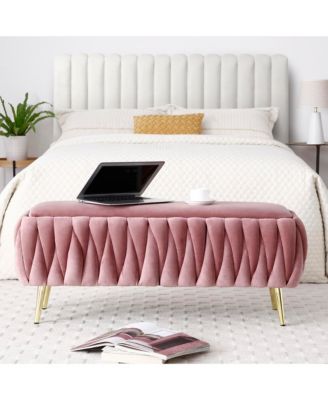 Oval Storage Bench with Gold Legs, Velvet Fabric Upholstered Ottoman Storage Benches for Bedroom End of Bed, Sherpa Fabric Bench for Living Room, Dining Room, Entryway, Bed Side, Dark Pink,5 colors