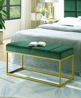 Modern Tufted Channel Entryway Bench Emerald Velvet Upholstered End of Bed Bench with Metal Frame, Footboard Bench for Living Room, Bedroom
