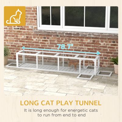 Outdoor Cat Tunnel with Extendable Design, 79" L Wooden Cat Run with Weather Protection, Connecting Inside and Outside, for Deck Patios, Balconies, White