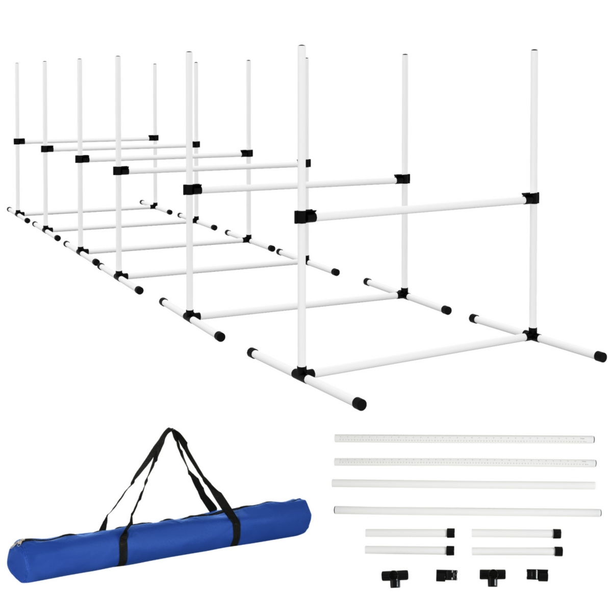 6 Piece Dog Agility Training Equipment for Dog Agility Course with Adjustable Height Jump Bars, Included Carry Bag, & Displacing Top Bar, White - Whit