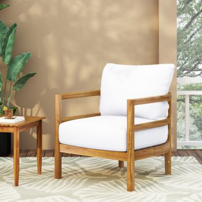 Outdoor Acacia Wood Patio Club Chair, Wood Patio Furniture, Waterproof Thick Cushion Deep Seating For Porch, Garden, Backyard, Balcony, Weight Capacity 400Lbs, Light Teak Finish, White