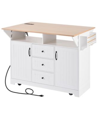 CARB-Certified MDF Drop Leaf, Power Outlet, 3 Drawers, 2 Cabinets, Waterproof Finish Multifunctional Kitchen Island