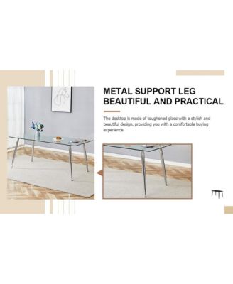 Table and chair set.Modern rectangular glass dining table with tempered glass countertop and silver metal legs, paired with multiple transparent high-quality PET dining chairs with silver legs.