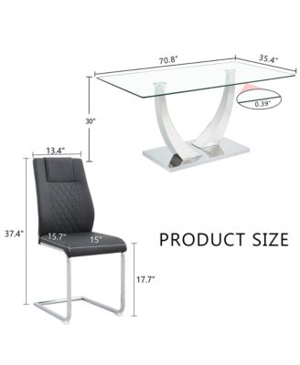 Table and chair set.Contemporary, minimalist rectangular dining table featuring a clear tempered glass top and sleek silver legs. Paired with chairs made of PU material cushion and silver metal legs.