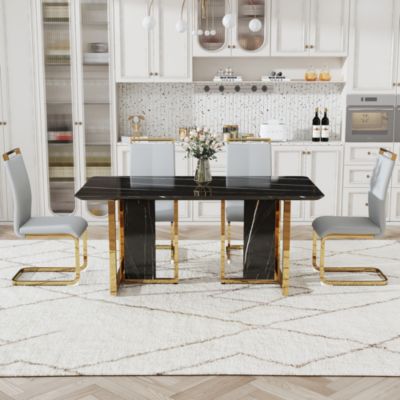 Table and chair set. Modern dining table with MDF top and beautiful MDF legs. Equipped with comfortable PU chairs and metal legs. Suitable for a wide range of decorative styles.