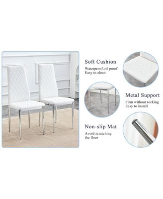 Table and chair set.A rectangular dining table features with tempered glass top and sleek white MDF stand.Paired with 6 PU chairs with checkered armless high back and electroplated metal legs.