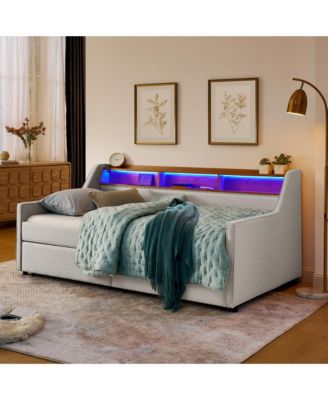 Upholstered Sofa Bed with LED Lights, Storage, and Adjustable Headboard