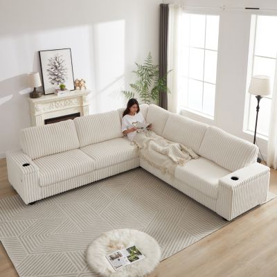 Oversized Corduroy Corner Sofa with Storage and Amenities