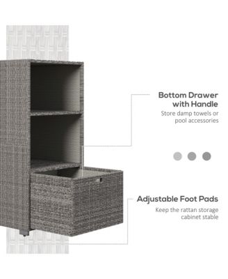 Valet Pool Towel Rack, Waterproof PE Plastic Rattan Wicker Storage Organizer, Indoor Outdoor Spa, and Hot Tub Accessory Storage, 2 Shelves, 1 Basket Drawer, Mixed Gray