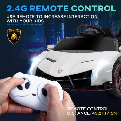 Lamborghini Veneno Licensed Kids Electric Car with Bluetooth, 12V Ride on Car with Butterfly Doors, Remote Control, Portable Battery, Suspension System, Horn, Songs, Lights, White