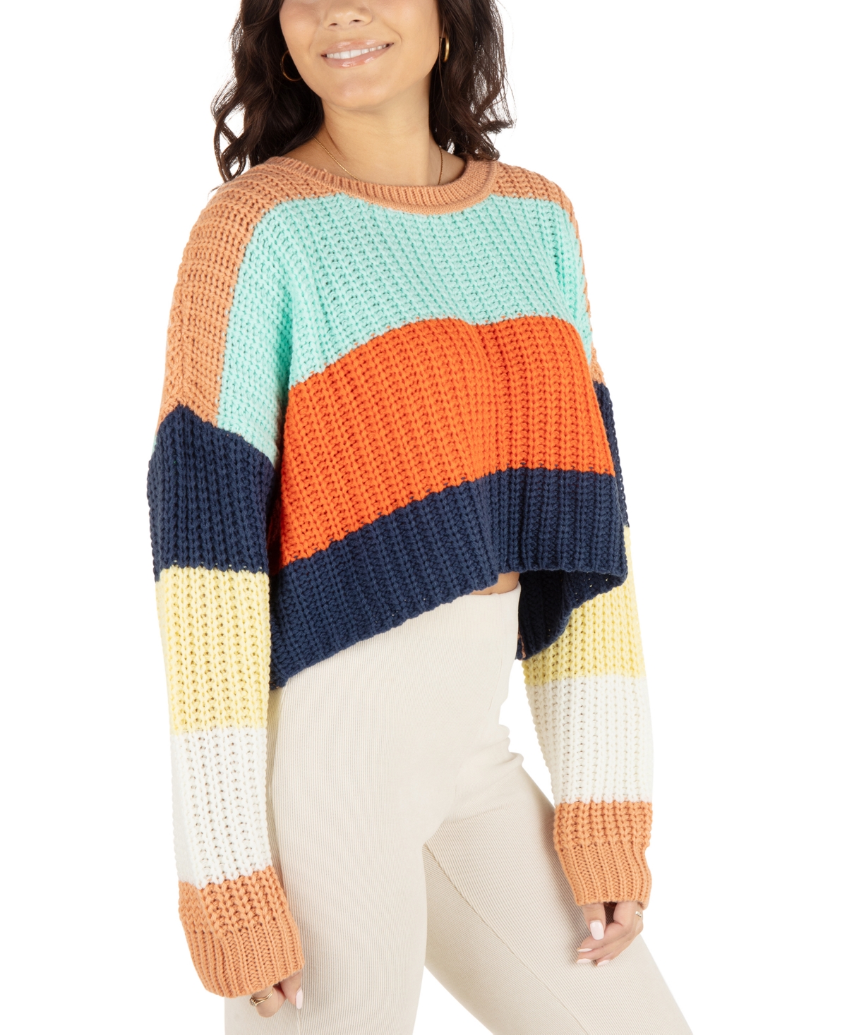 HURLEY JUNIORS' COLORBLOCKED CROPPED RIBBED SWEATER 