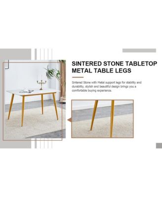 Table and chair set.A morden table with White imitation marble patterned stone burning tabletop with golden metal legs.Paired with 4 chairs with PU leather backrest and black metal legs.
