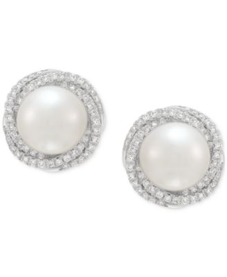 Cultured Freshwater Pearl (6mm) & Lab Grown Diamond (3/4 ct. t.w.) Love Knot Stud Earrings in 14k White Gold