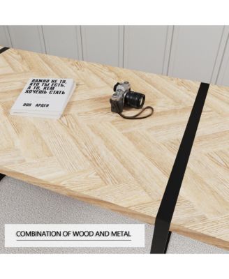 59" Rural Industrial Rectangular MDF Light Wood Dining Table Set and PU Armless Dining Chair Set, 6-piece. Kitchen Black Metal Table Leg Dining Chair Set