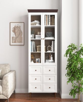 White MDF Display Cabinet with Glass Doors and Adjustable Shelves