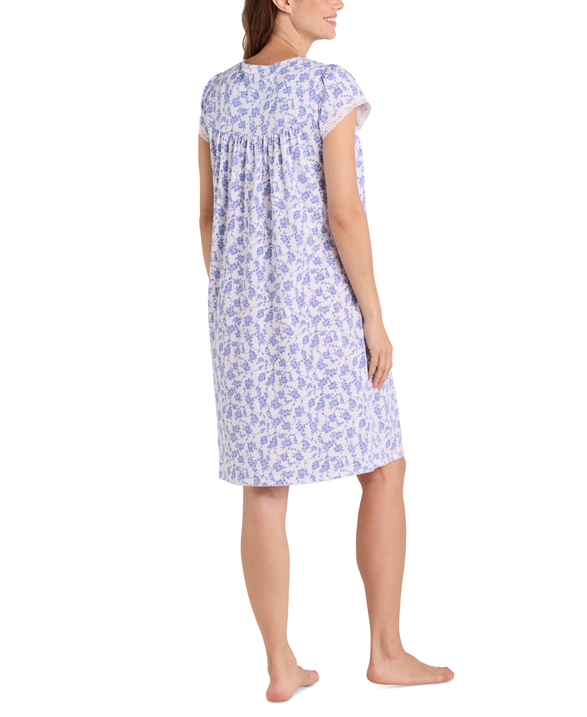 Miss Elaine Plus Size Diamond-yoke Lace-trim Nightgown In Small Navy Bouquets