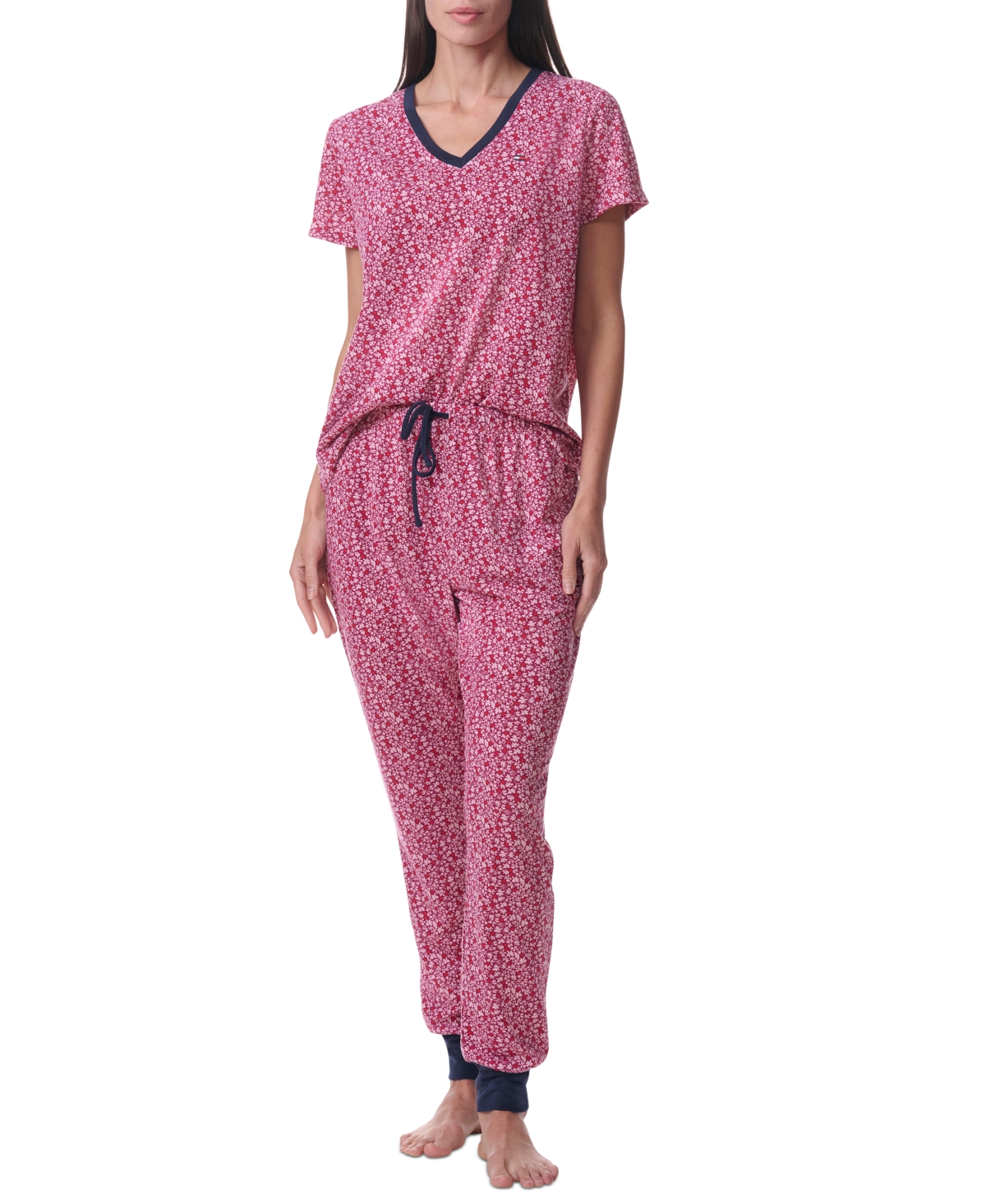 Tommy Hilfiger Women's Printed Short-sleeve Tee & Jogger Set In Floral Hearts Garnet