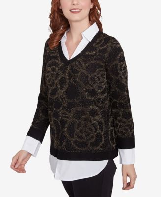Petite Metallic Floral Layered Shirt Collar V-Neck Sweater
