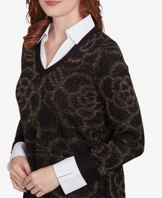 Petite Metallic Floral Layered Shirt Collar V-Neck Sweater