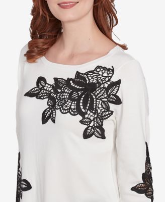 Petite Floral Lace Fine Gauge Crew Neck Sweater