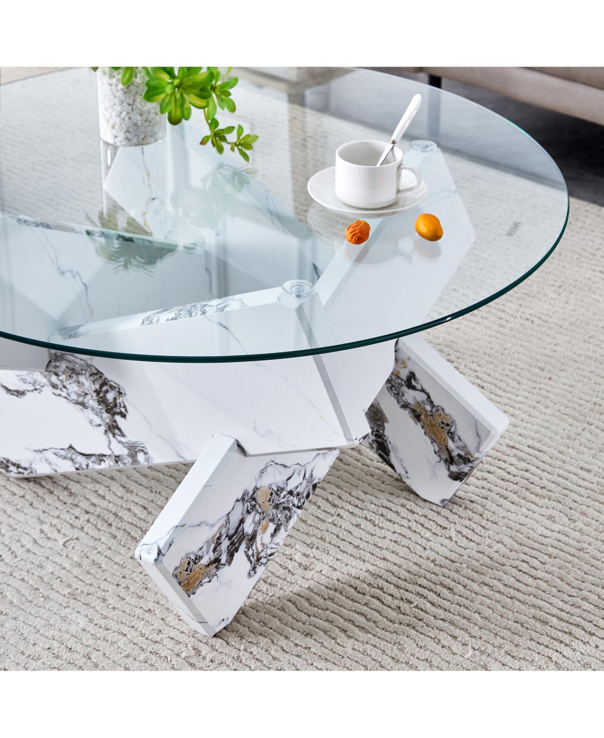 Streamdale Furniture Round glass coffee table, 33.4" modern design unique coffee table. Tempered glass countertop with white patterned Mdf legs. Suita