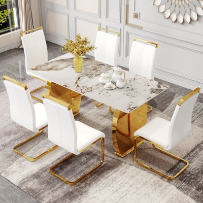 Simplie Fun Table and chair set, rock plate table top, gold metal table legs, stable and beautiful, suitable for most home styles. Modern simple dining table, comfortable seating